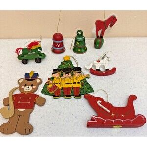 Vtg Wooden Christmas Ornament 8 Lot Rocking Horse Nutcracker Bell Bear Tree